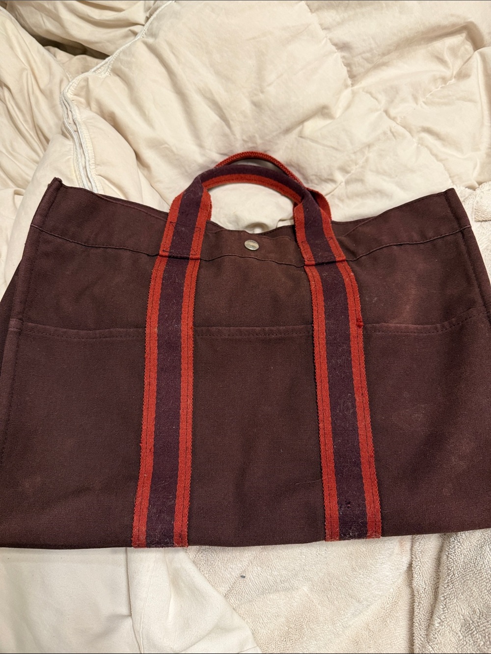 Hermes Brown Duffel Tote with Red Accent Straps
